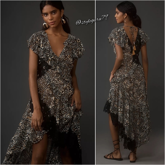 NWT, By Anthropologie V-Neck Ruffle Lace Maxi Slip Dress in Black Multi - Picture 2 of 2